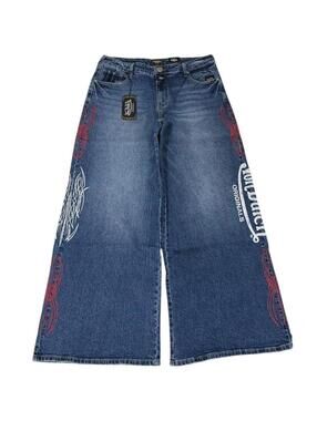 Y2K style Von Dutch wide leg jeans printed and patches desgn